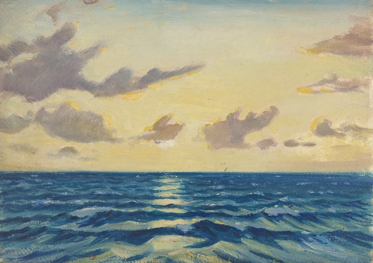 An oil painting of a seascape at dusk, with a calm blue ocean and orange setting sun.